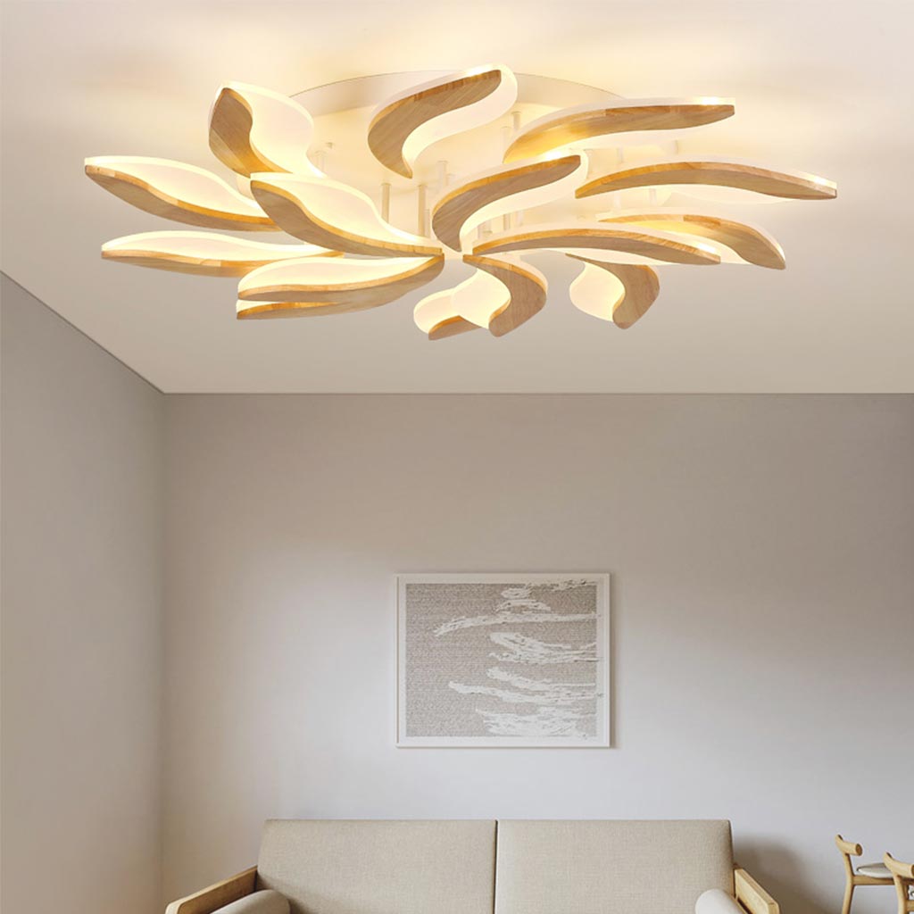 Ceiling Light Flower Petal Flush Mount, Wood & Acrylic