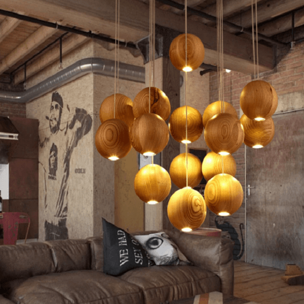 Wooden Orb Sphere Cluster Chandelier