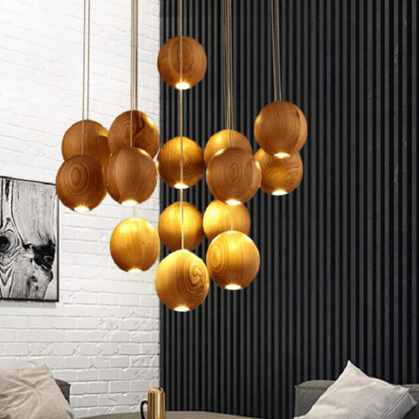 Wooden Orb Sphere Cluster Chandelier