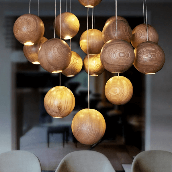 Wooden Orb Sphere Cluster Chandelier