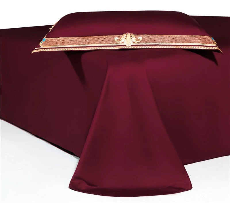 Anahi Red Embroidered Motif Border Egyptian Cotton Bedding Set