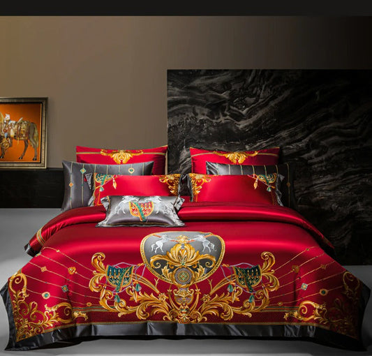 Niki Red Egyptian Cotton Embroidered Bedding Set