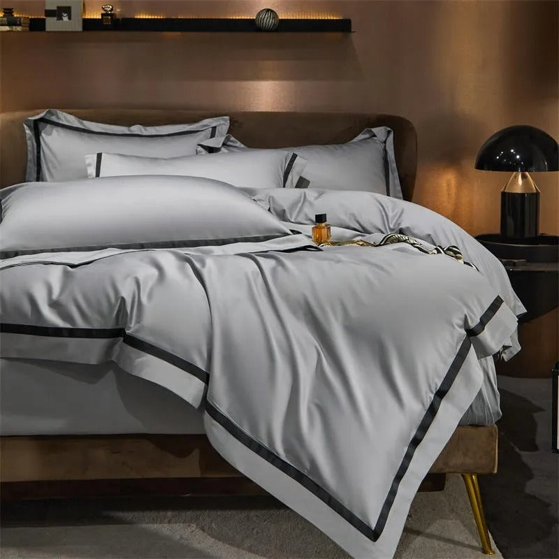 Brisa Silver Contrasting Hotel Stripe Bedding Set