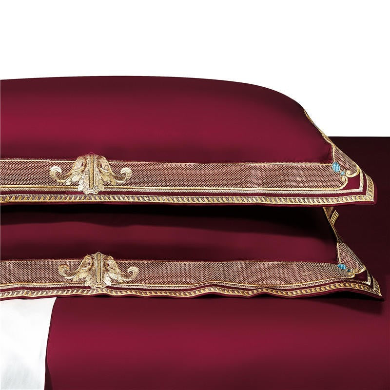 Anahi Red Embroidered Motif Border Egyptian Cotton Bedding Set