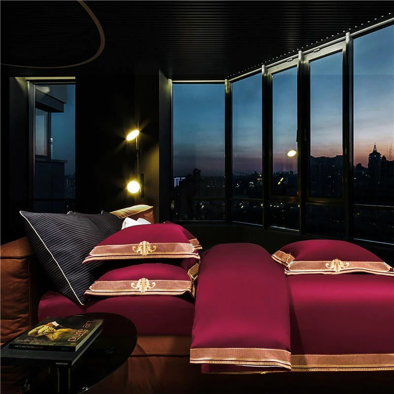 Anahi Red Embroidered Motif Border Egyptian Cotton Bedding Set