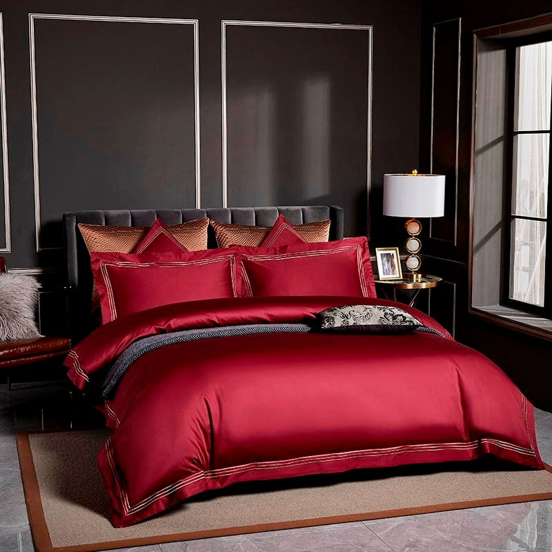 Leila Red Embroidered Edge Egyptian Cotton Bedding Set