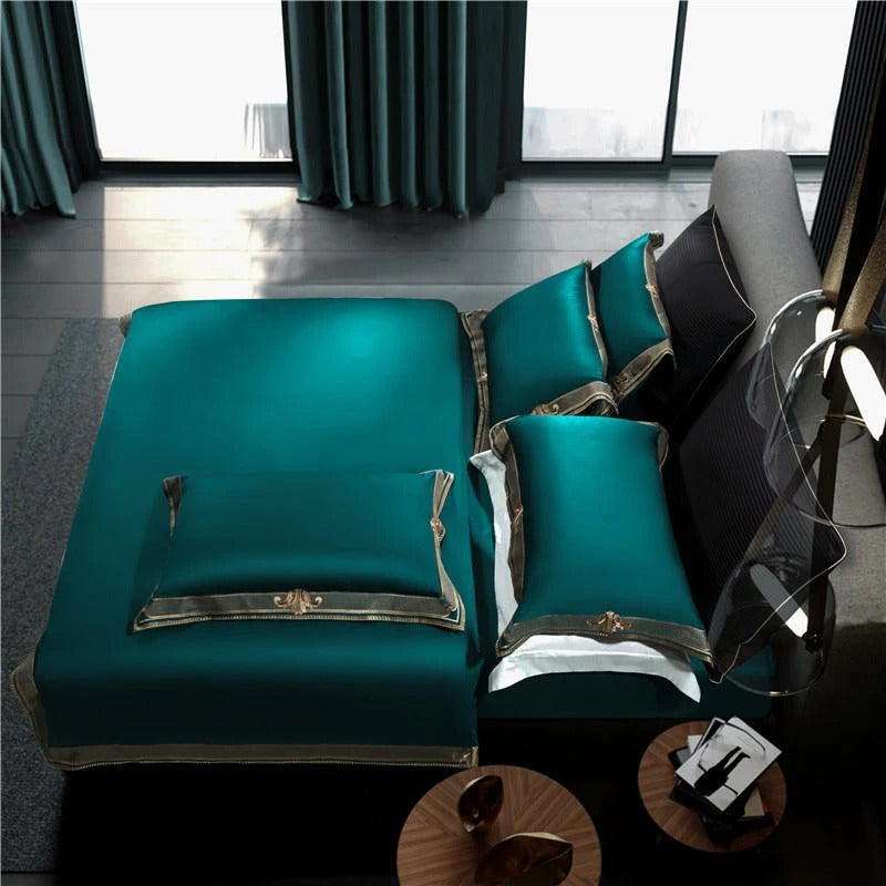 Anahi Green Embroidered Motif Border Egyptian Cotton Bedding Set