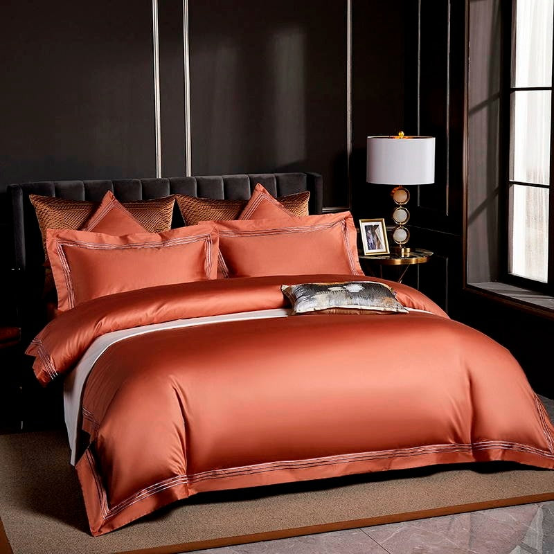Leila Orange Embroidered Edge Egyptian Cotton Bedding Set