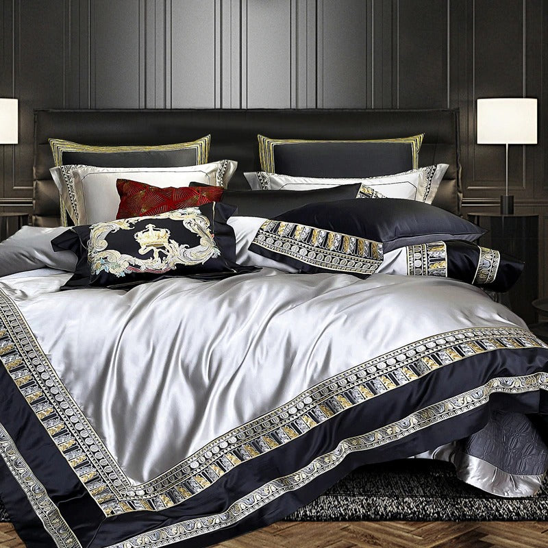 Lisa Silver Embroidered Jacquard Satin Bedding Set