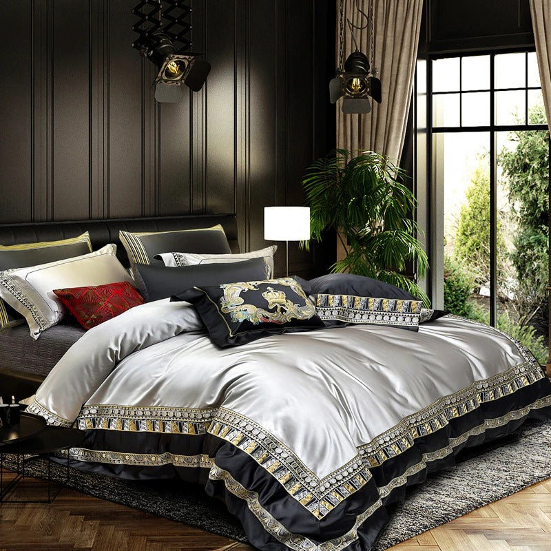 Lisa Silver Embroidered Jacquard Satin Bedding Set