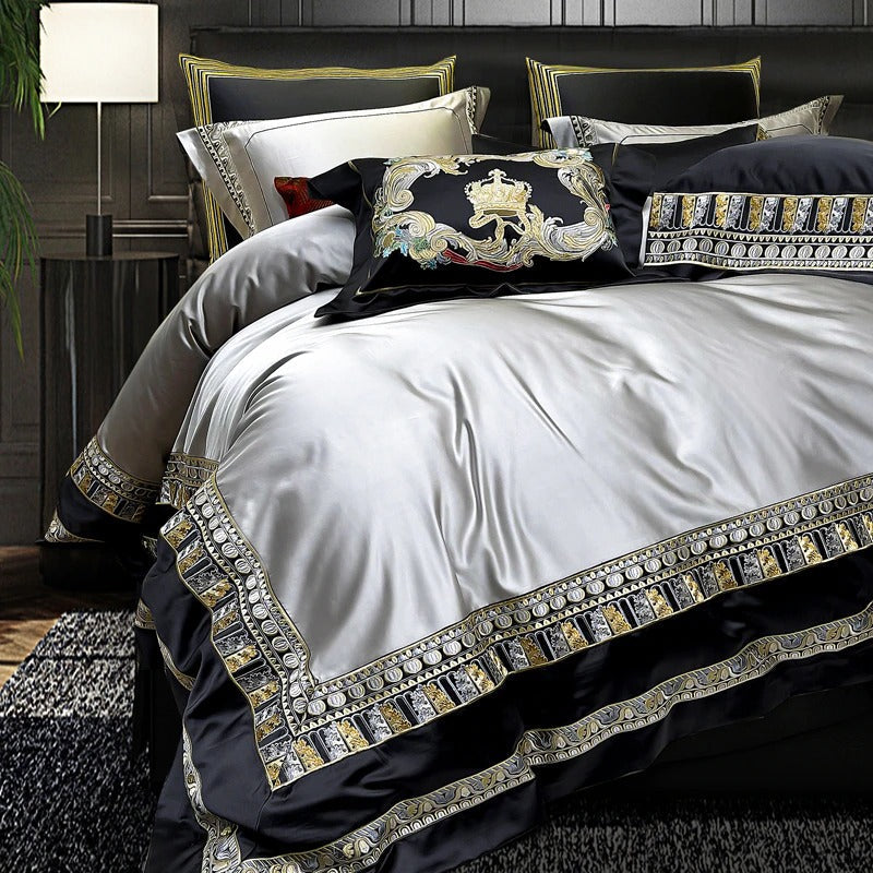 Lisa Silver Embroidered Jacquard Satin Bedding Set