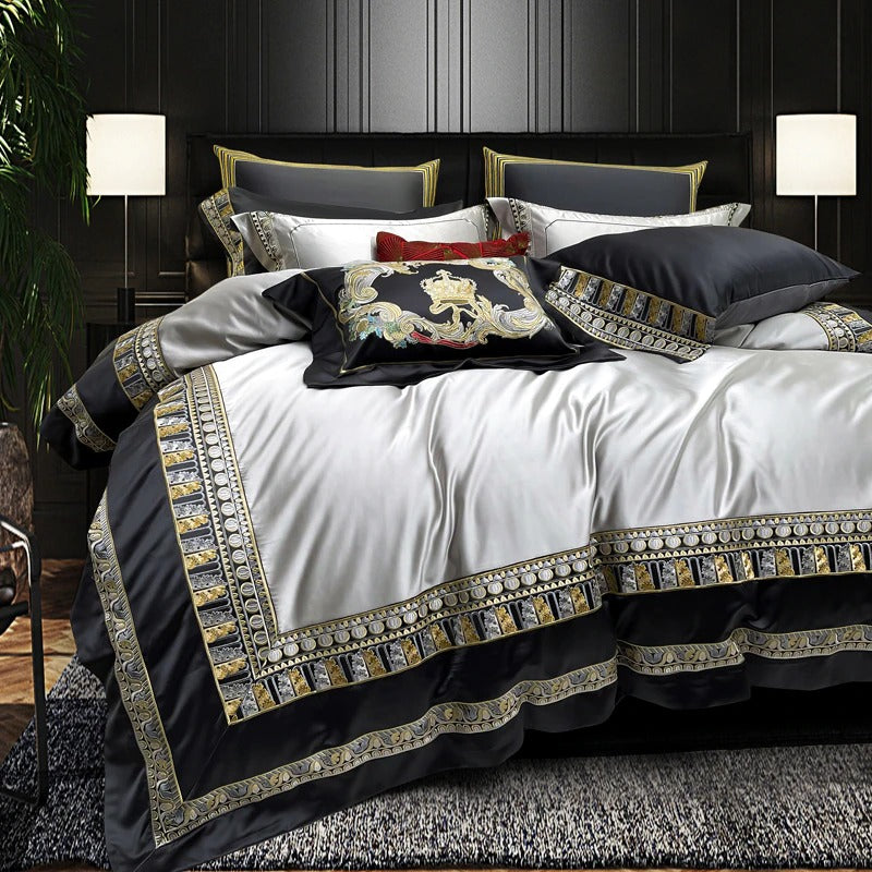 Lisa Silver Embroidered Jacquard Satin Bedding Set