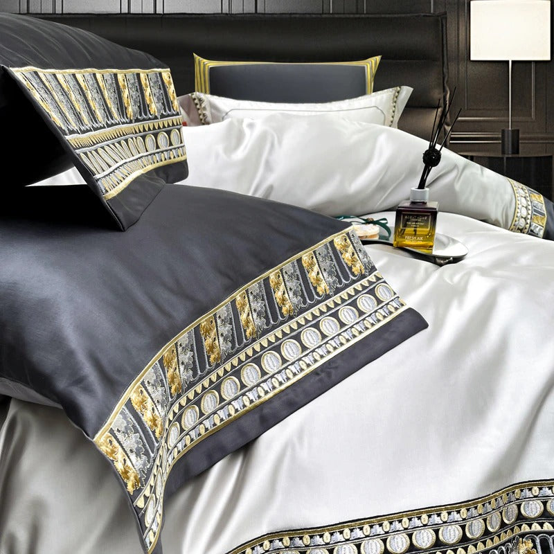 Lisa Silver Embroidered Jacquard Satin Bedding Set
