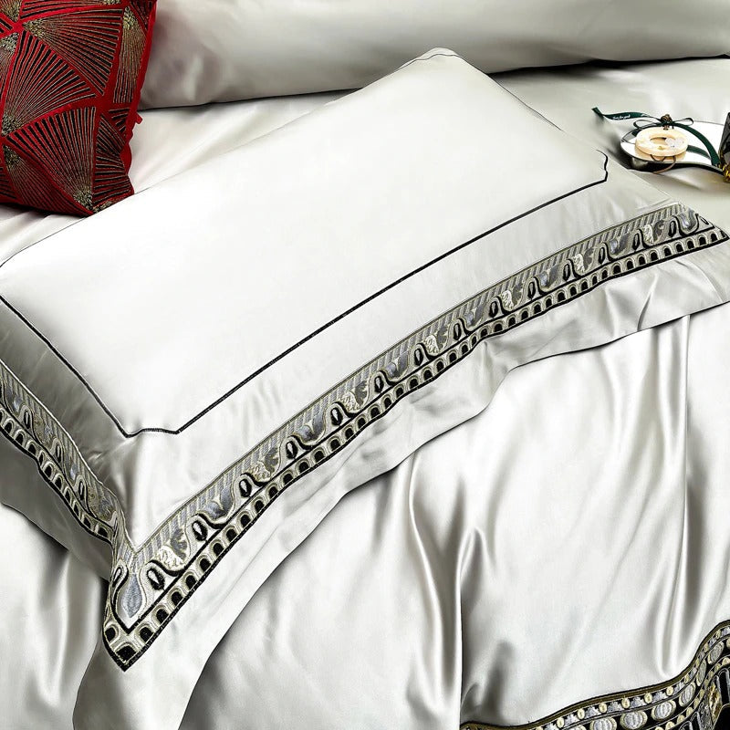 Lisa Silver Embroidered Jacquard Satin Bedding Set