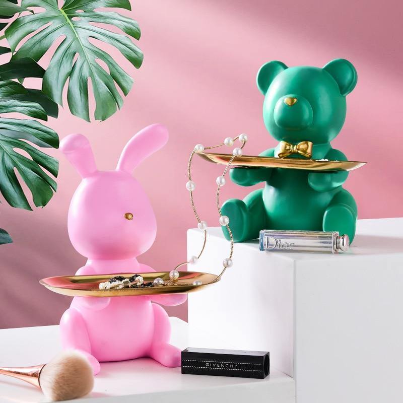 Bunny & Bear Holder Figurines - Nordic Side - bear, bunny, figurine, holder