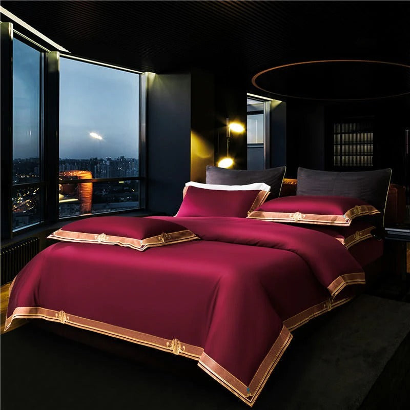 Anahi Red Embroidered Motif Border Egyptian Cotton Bedding Set