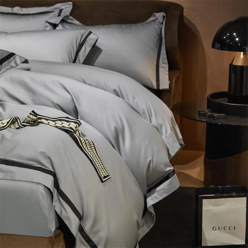 Brisa Silver Contrasting Hotel Stripe Bedding Set