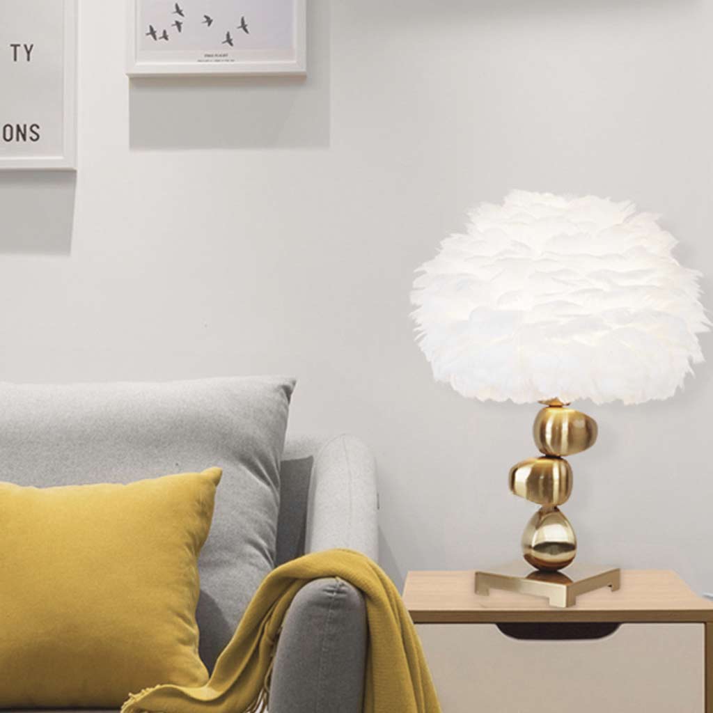 Feather Table Lamp Unique Metal Pebble for Bedroom, White