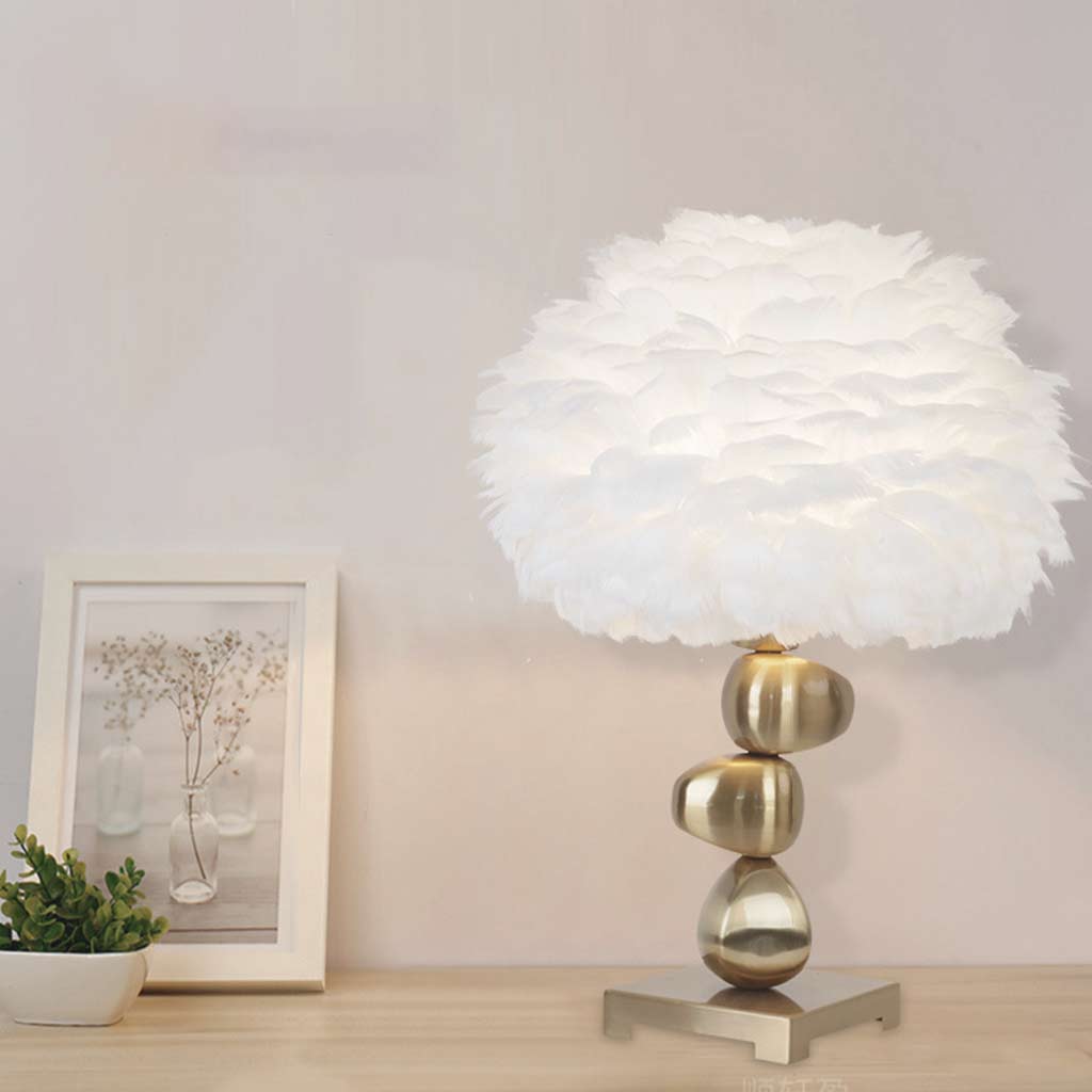 Feather Table Lamp Unique Metal Pebble for Bedroom, White