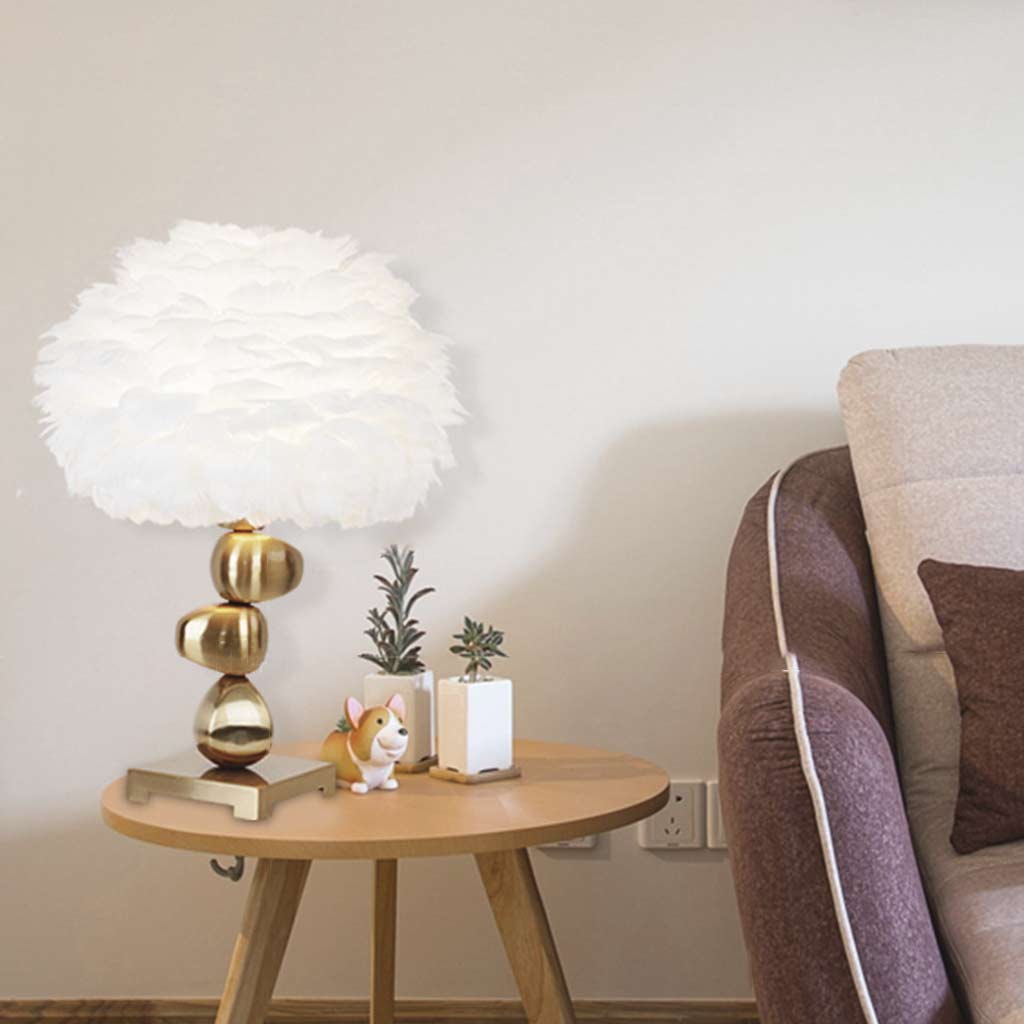 Feather Table Lamp Unique Metal Pebble for Bedroom, White