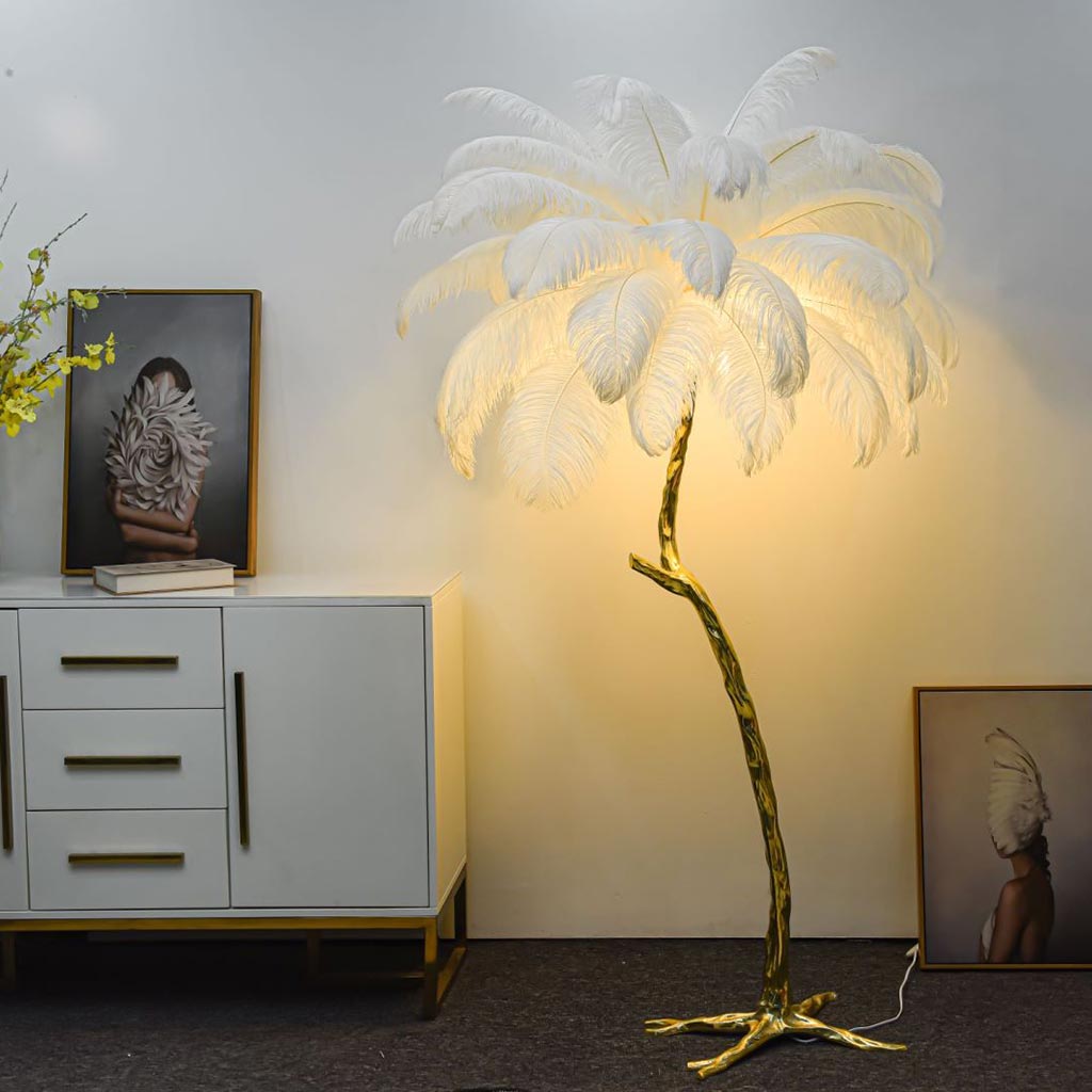 Ostrich Feather Copper Brass Tree Floor Lamp Luxury 70", 4 Colors