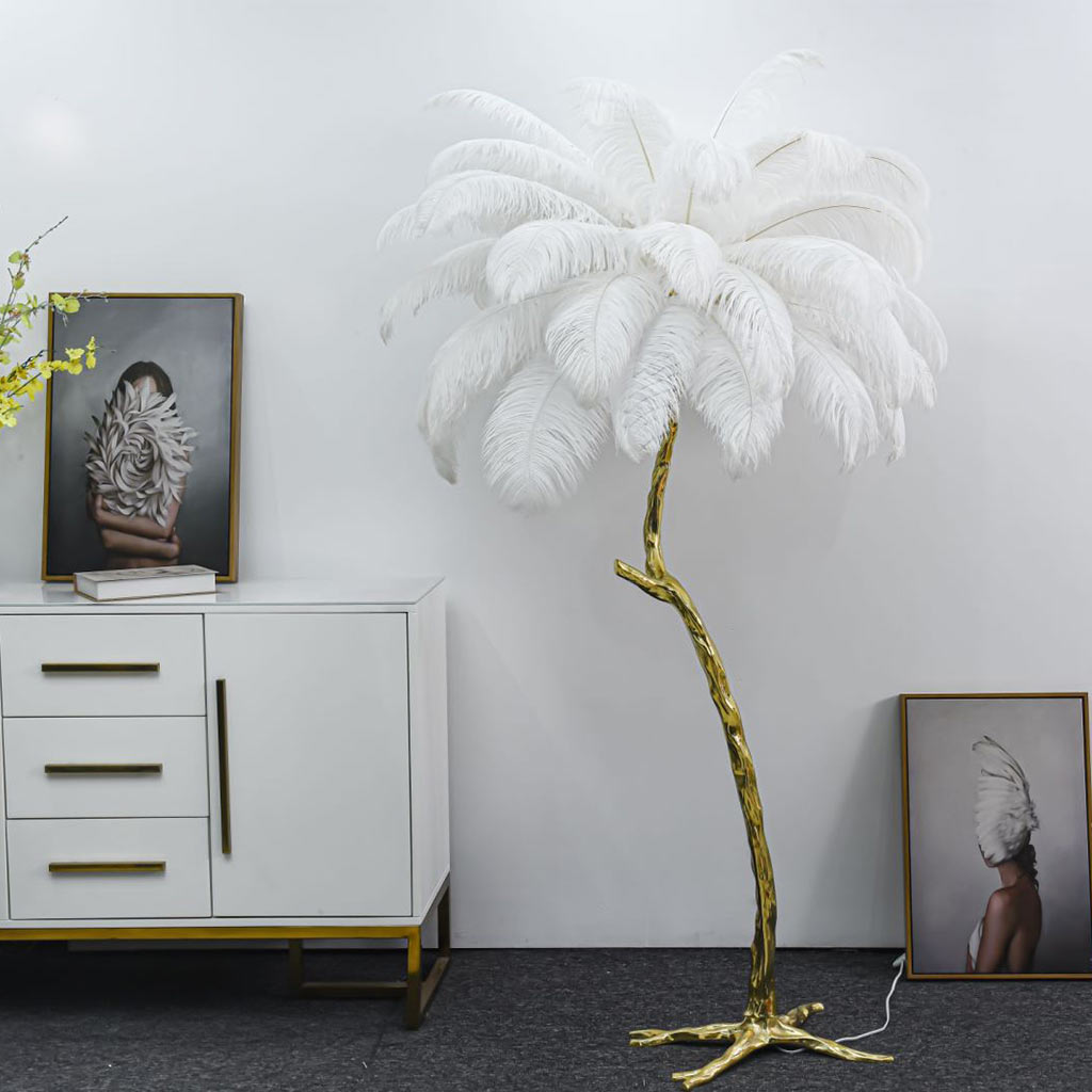 Ostrich Feather Copper Brass Tree Floor Lamp Luxury 70", 4 Colors