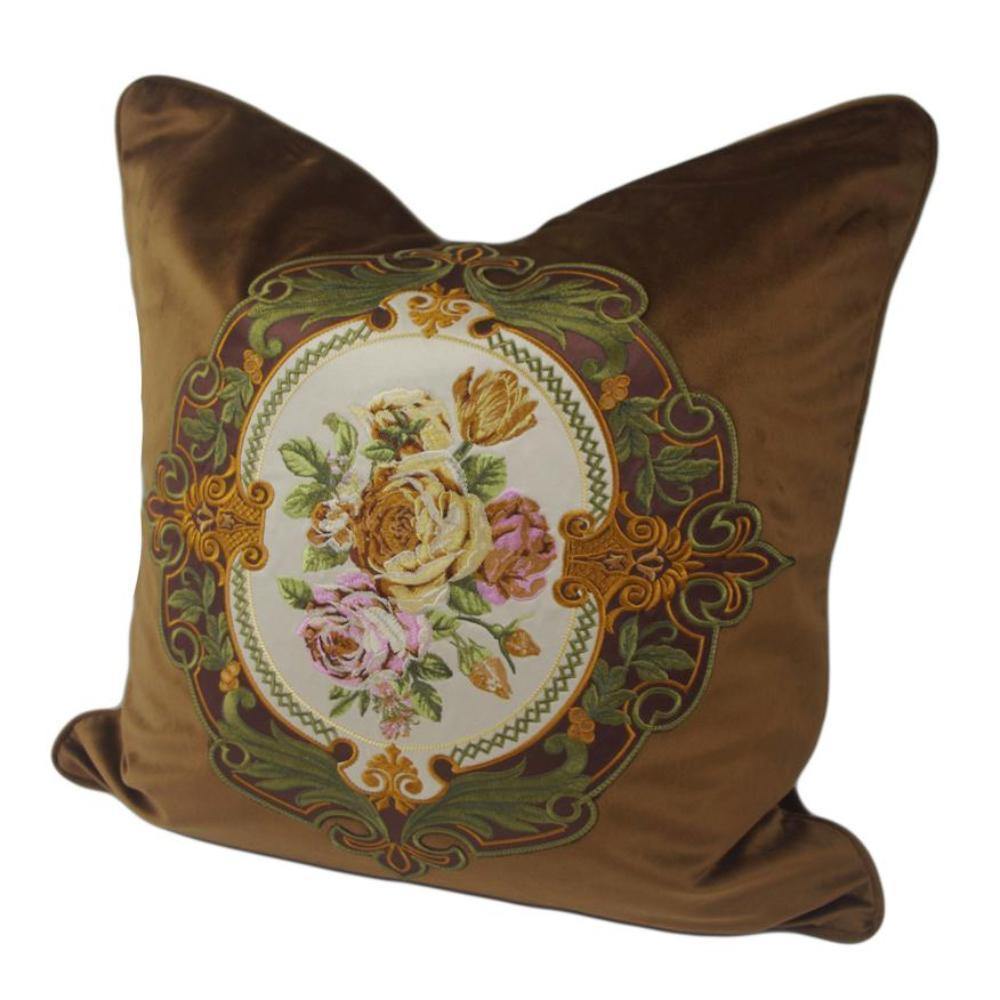 Brown Velvet Rose Embroidery Cushion Cover - Nordic Side - 