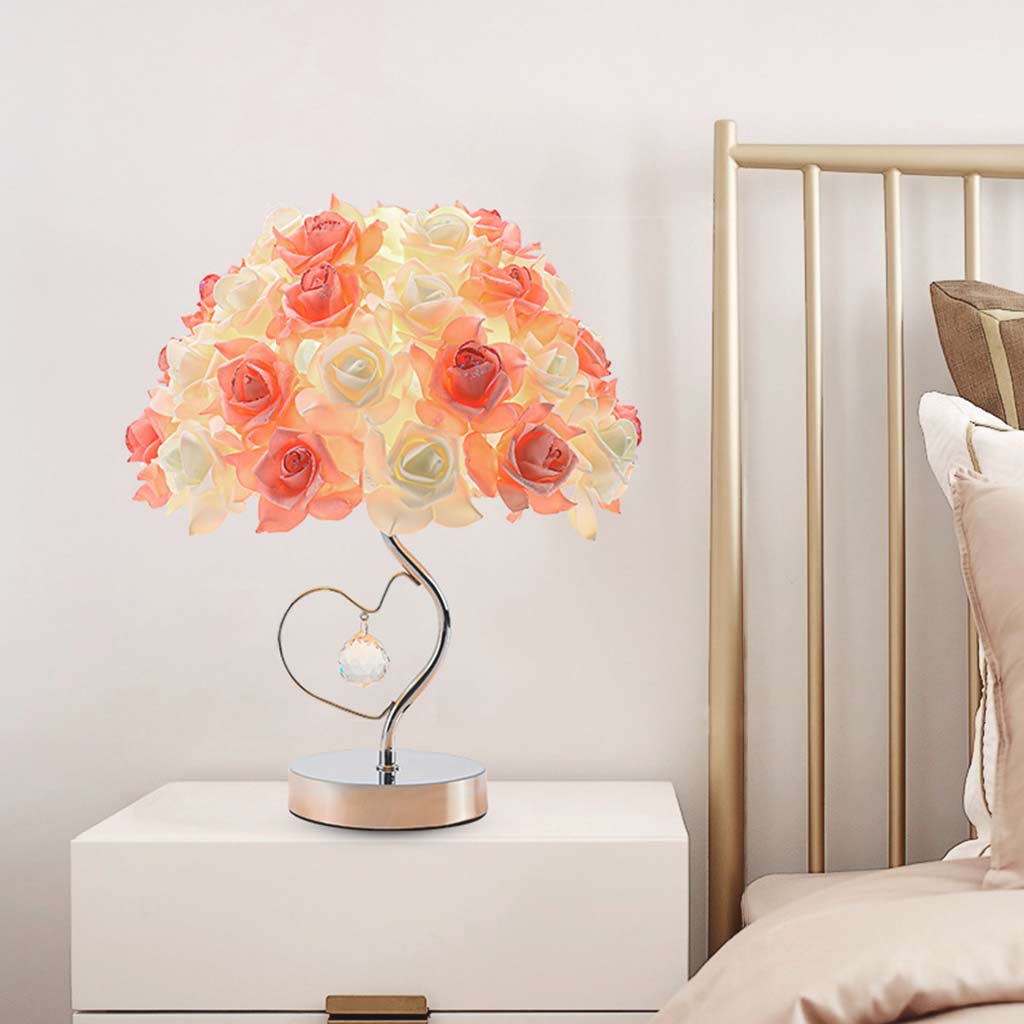 Table Lamp Artistic Rose Floral Crystal Heart, White & Pink