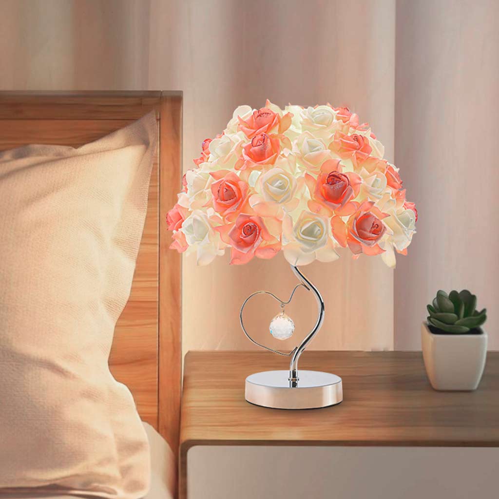 Table Lamp Artistic Rose Floral Crystal Heart, White & Pink